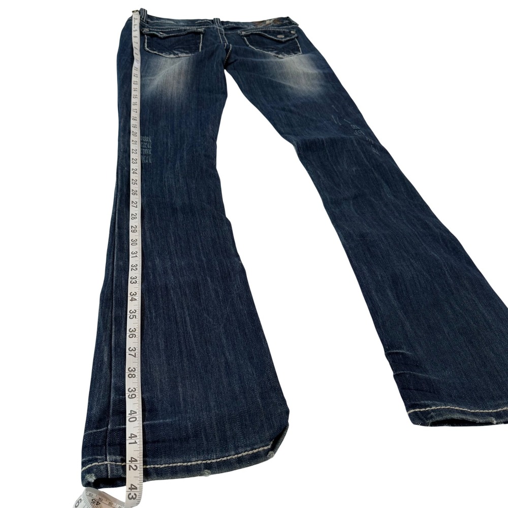 Almost Famous Womens Low Rise Bootcut Distressed Jeans Dark Wash Size 9 Y2K - Picture 6 of 13